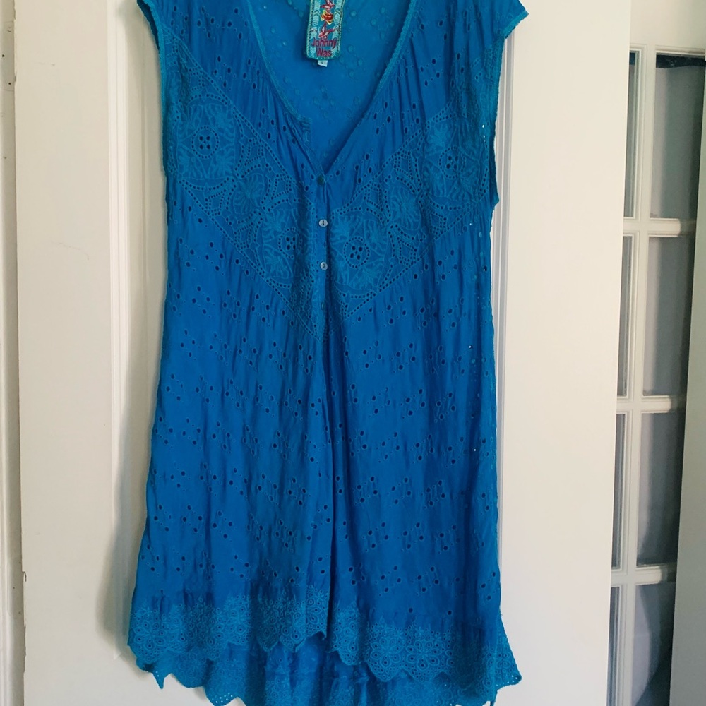 Johnny Was Turquoise Embroidered Eyelet Tunic